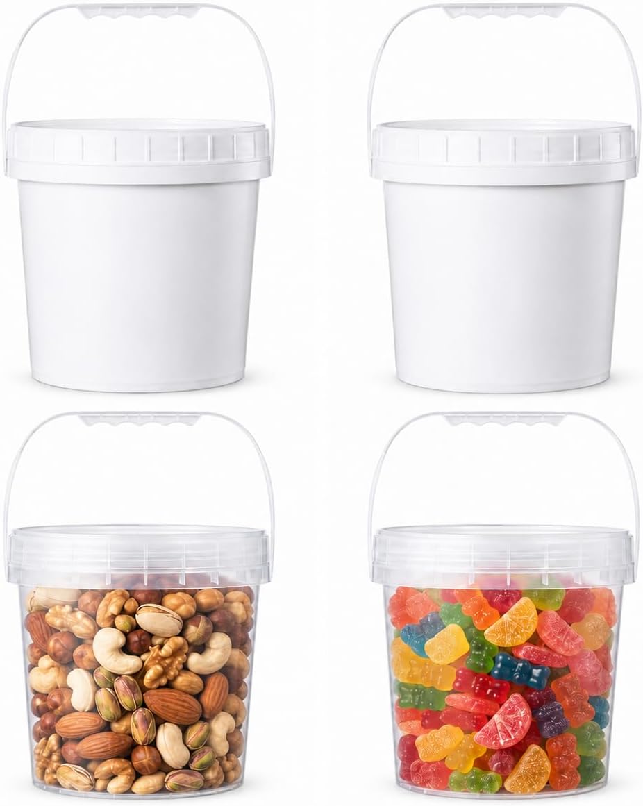 4 Pack 1 Gallon Plastic Buckets with Screw Lids & Handle, 2 Clear + 2 White, Reusable Airtight Storage Containers with Label Included, Multi-Purpose Bucket Set for Kitchen, Crafts & Household Use