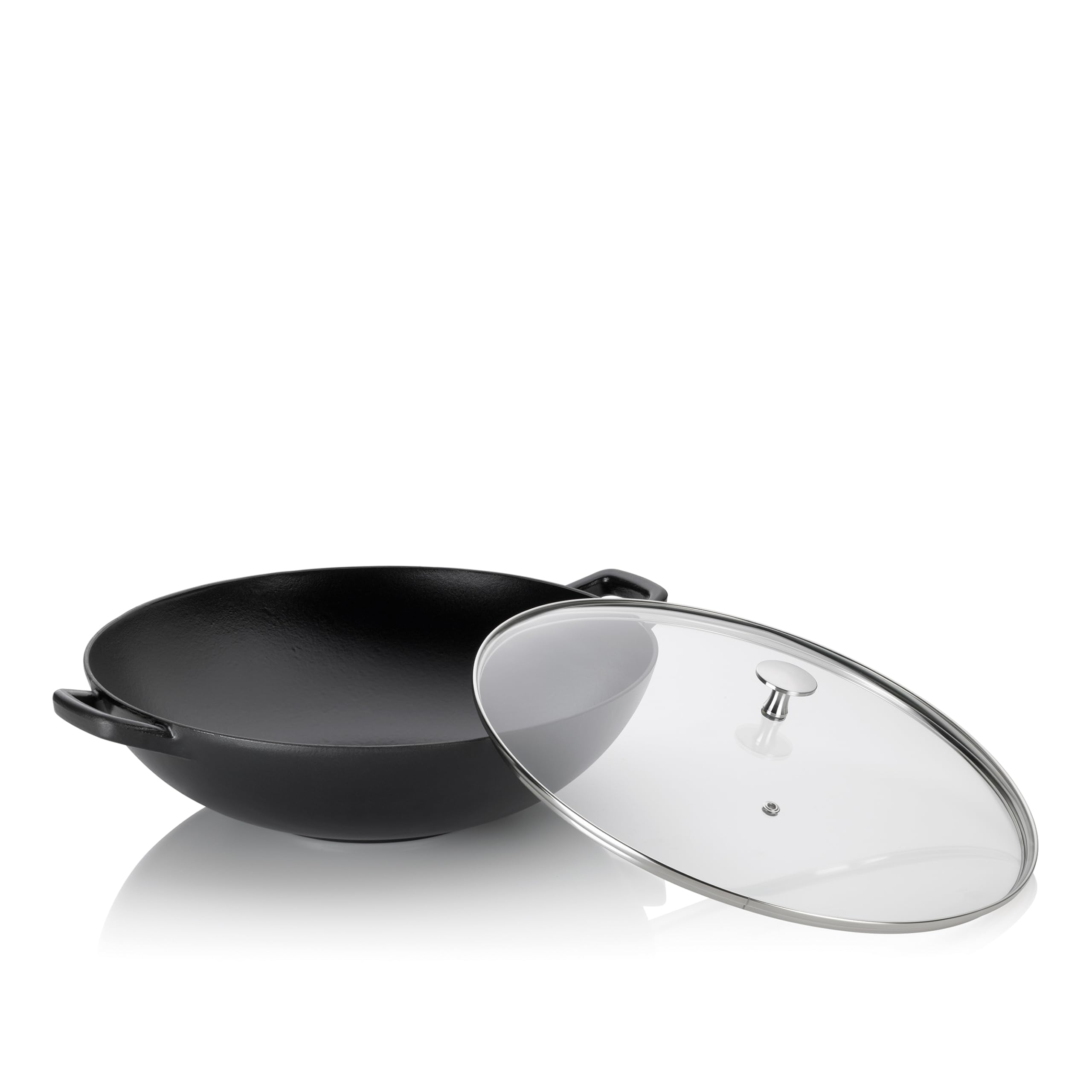 kela Wok Calido, Durchmesser 36 cm, 4 L, Gusseisen, schwarz, Allherdboden, rau emailliert, Glasdeckel mit Edelstahlgriff, 12475