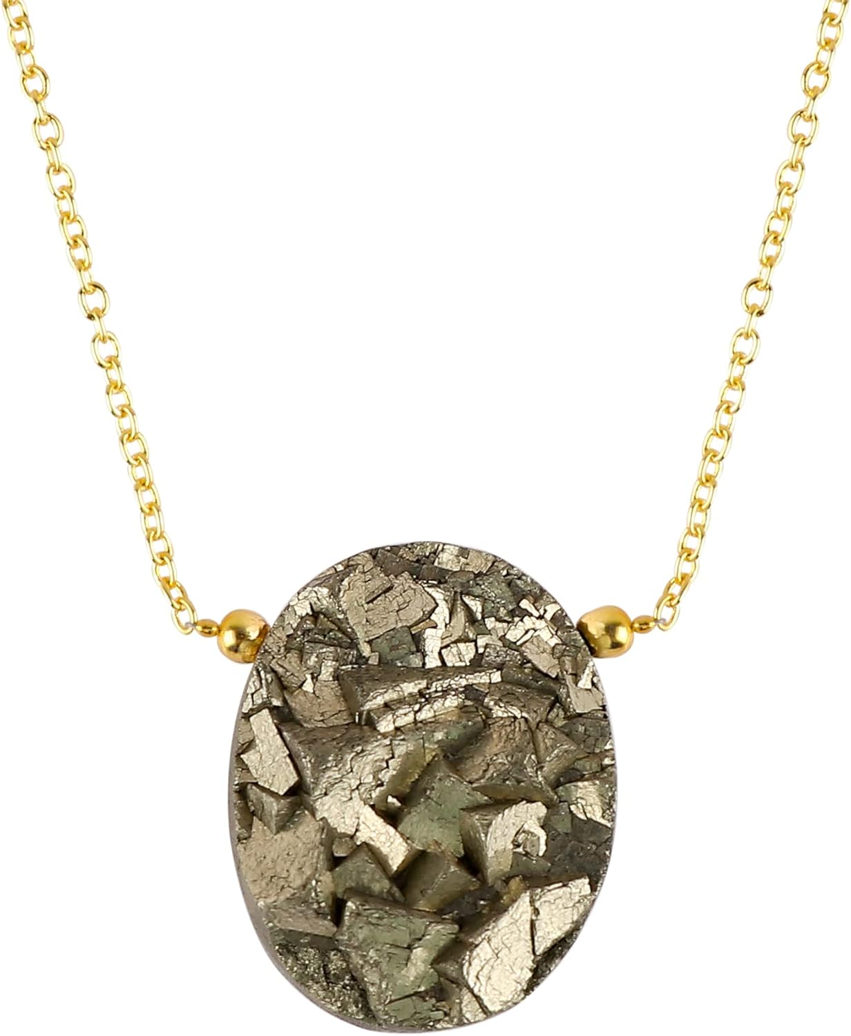 Natural Pyrite Druzy Oval Cabochon Necklace | Gold Plated Gemstone Pendant Necklace | Pyrite Stone 8–12 mm | Approx 15–25 Carat | Adjustable Chain 16+2 Inch