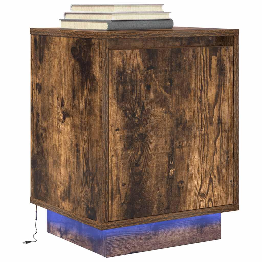 Szafka nocna z oświetleniem LED RGB, przydymiony dąb, 38x34x50 cm, z drewnopochodnego materiału odpornego na wilgoć. Posiada dużo miejsca do przechowywania książek i szklanek oraz