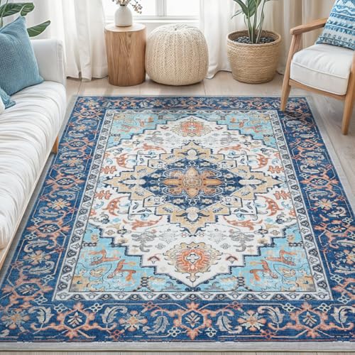 Lofus 5x7 Area Rugs for Living Room, Washable Area Rug, Rugs for Bedroom, Kitchen, Vintage Boho Carpet, Soft Non-Slip, Low Pile Large Area Rug for Office Dining Room, Floral Blue