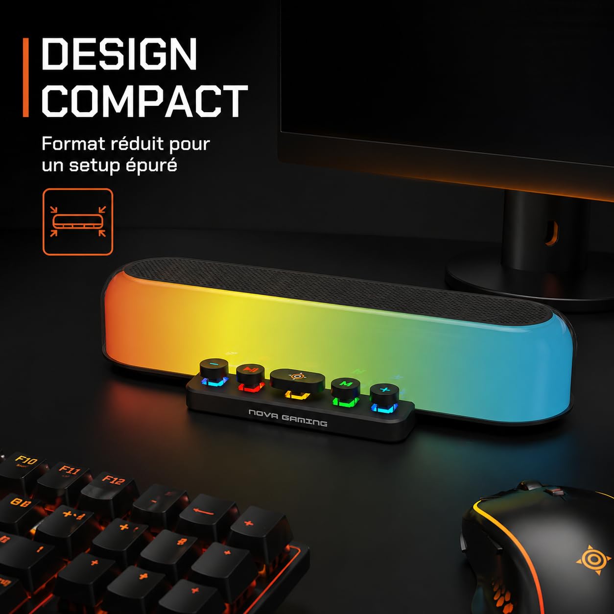 Nova Gaming URSAE - Barre de Son Gaming RGB Bluetooth 5.3 Puissante et Immersive - Enceinte PC Stéréo 10W avec Design Compact Élégant - Connexion USB, Jack, Micro-SD
