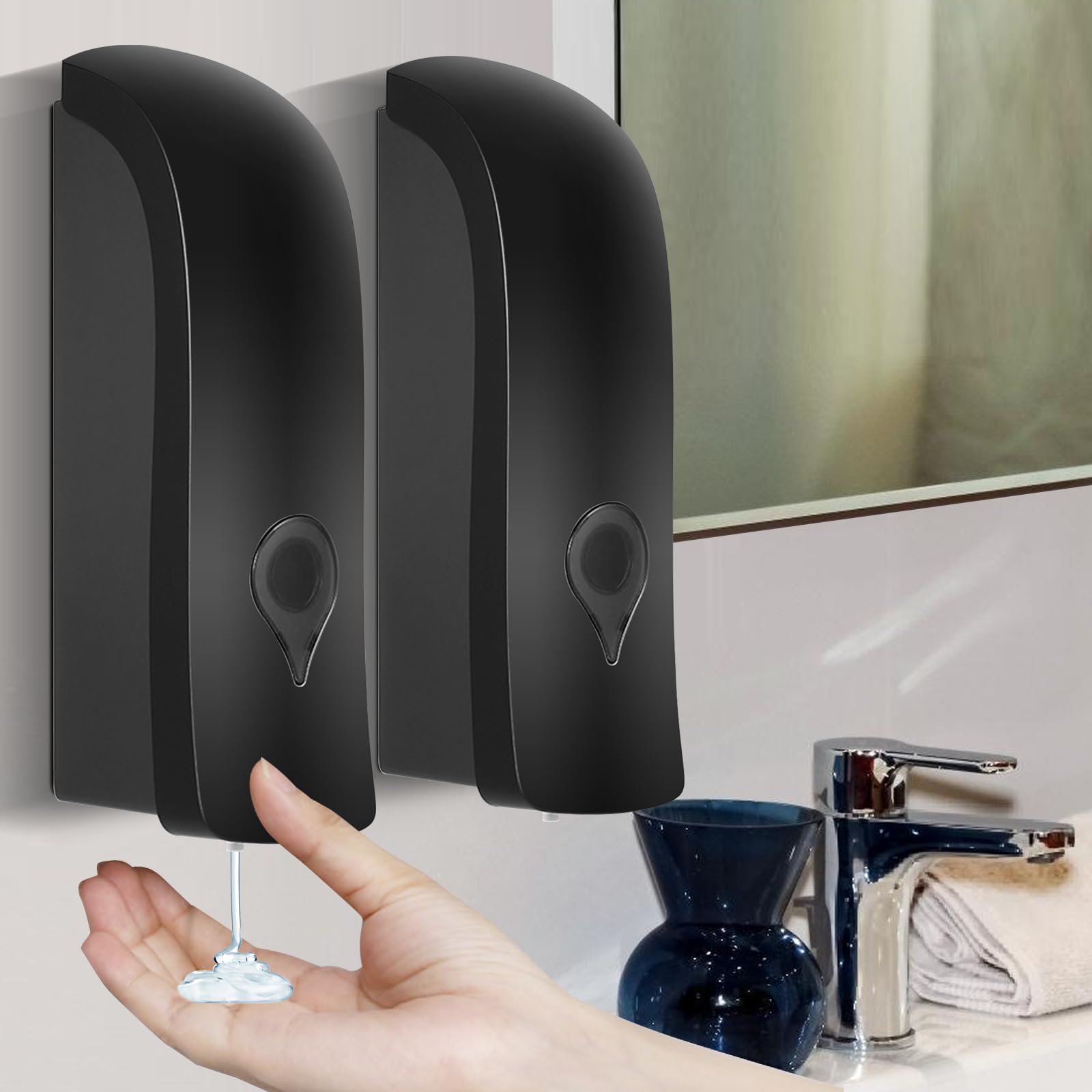 Distributeur Savon Mural 2 Pièces, Distributeur de Savon Mural 300ml, Distributeur Savon Mural sans Percage Ou Installation à Vis pour Toilettes, Salles de Bains et Cuisines, Noir