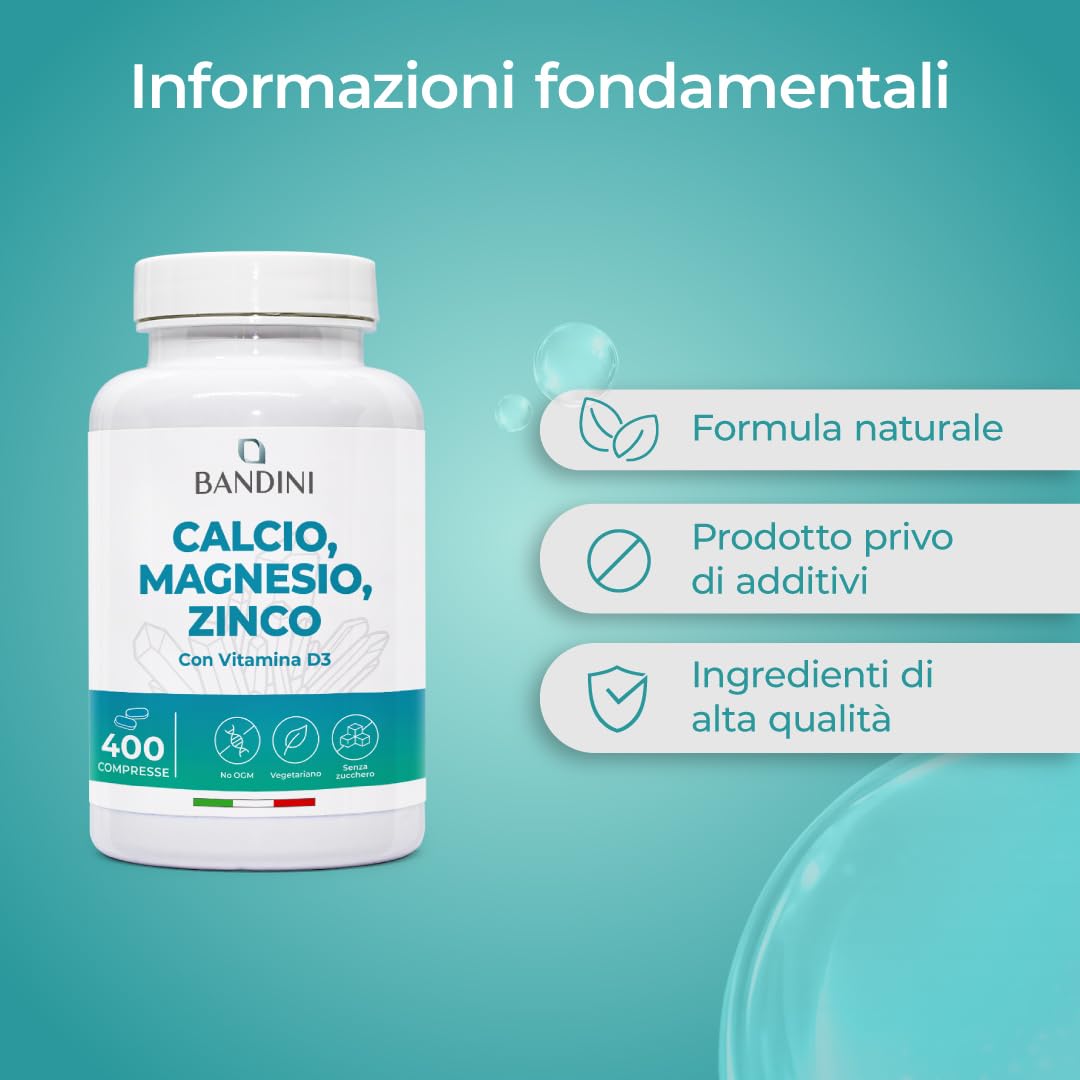 Bandini® Calcio Magnesio Zinco Vitamina D3 + K2 MK7 | 400 Compresse Vegetariane | con Rame, Selenio, Manganese, Boro | Multivitaminico ad Alto Assorbimento | Ossa Muscoli Pelle Capelli Immunità