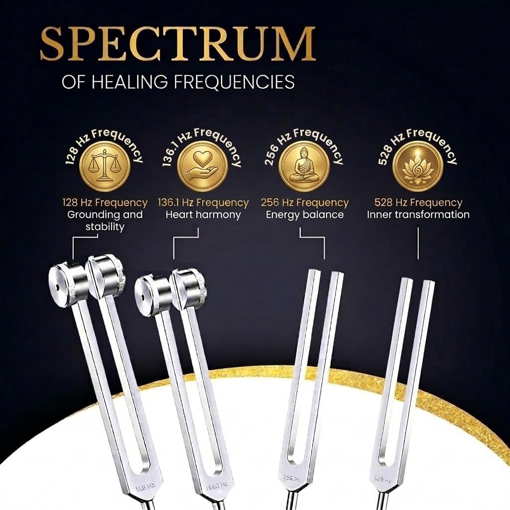 Tuning Forks for Healing Set (128Hz, 136.1Hz, 256Hz, 528Hz) — Complete Sound Therapy Tools for Meditation, Stress Relief & Inner Balance