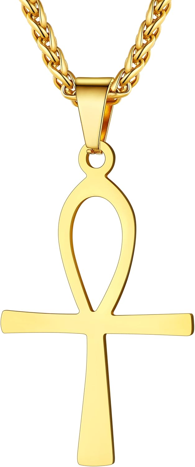 U7 Ankh Necklace for Men Women Stainless Steel Black Color Egyptian Jewelry Ankh Cross Pendant, Africa Necklaces with Chain 22"