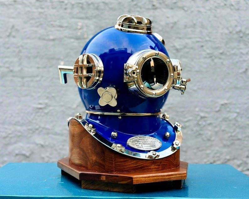 Scuba Diving Helmet with Wooden Base | US Navy Mark V Deep Sea Nautical Helmet | Maritime Ship's Decorative Helmet