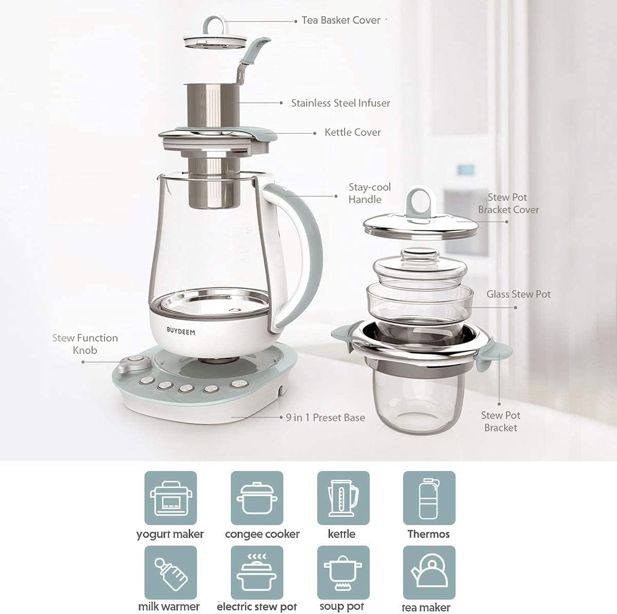 BUYDEEM K1594T Health-Care Beverage Tea Maker and Kettle, 10-in-1 Programmable Brew Cooker Master, 1.5 L, Cozy Greenish