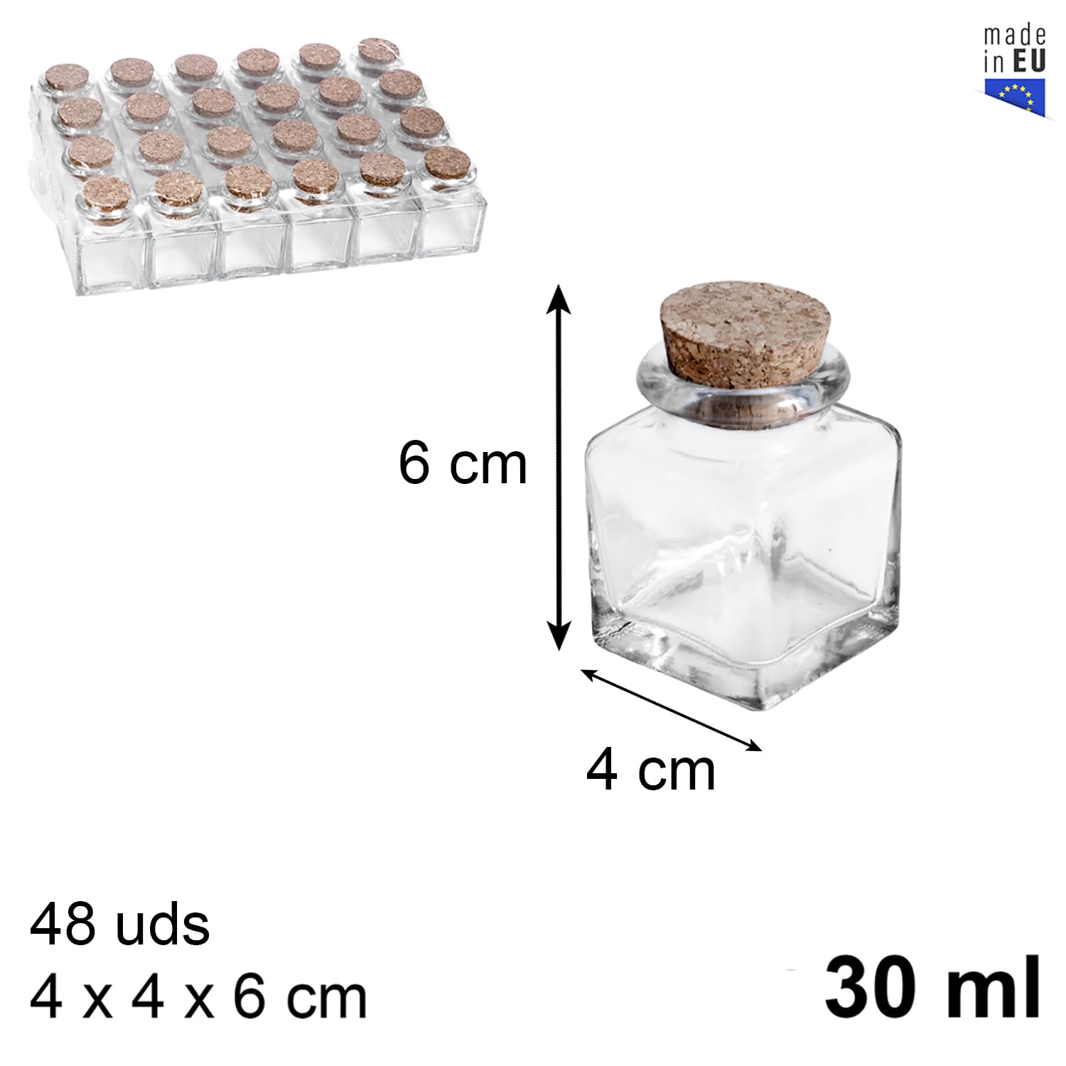Two Tigers | Botes De Cristal Para Azafrán y Especias 30 ml | Pack 48 Unidades | Con Tapón De Corcho Natural | Para Hostelería Bar Restaurante Gourmet Hierbas Aromáticas Sales Semillas Regalos y Hogar