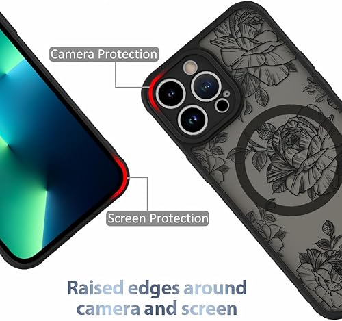 Miniatura 2 de AIGOMARA Funda para iPhone 13 Pro Max compatible con MagSafe Diseño de patrón floral de flores negras para mujeres y niñas, TPU suave, parte trasera