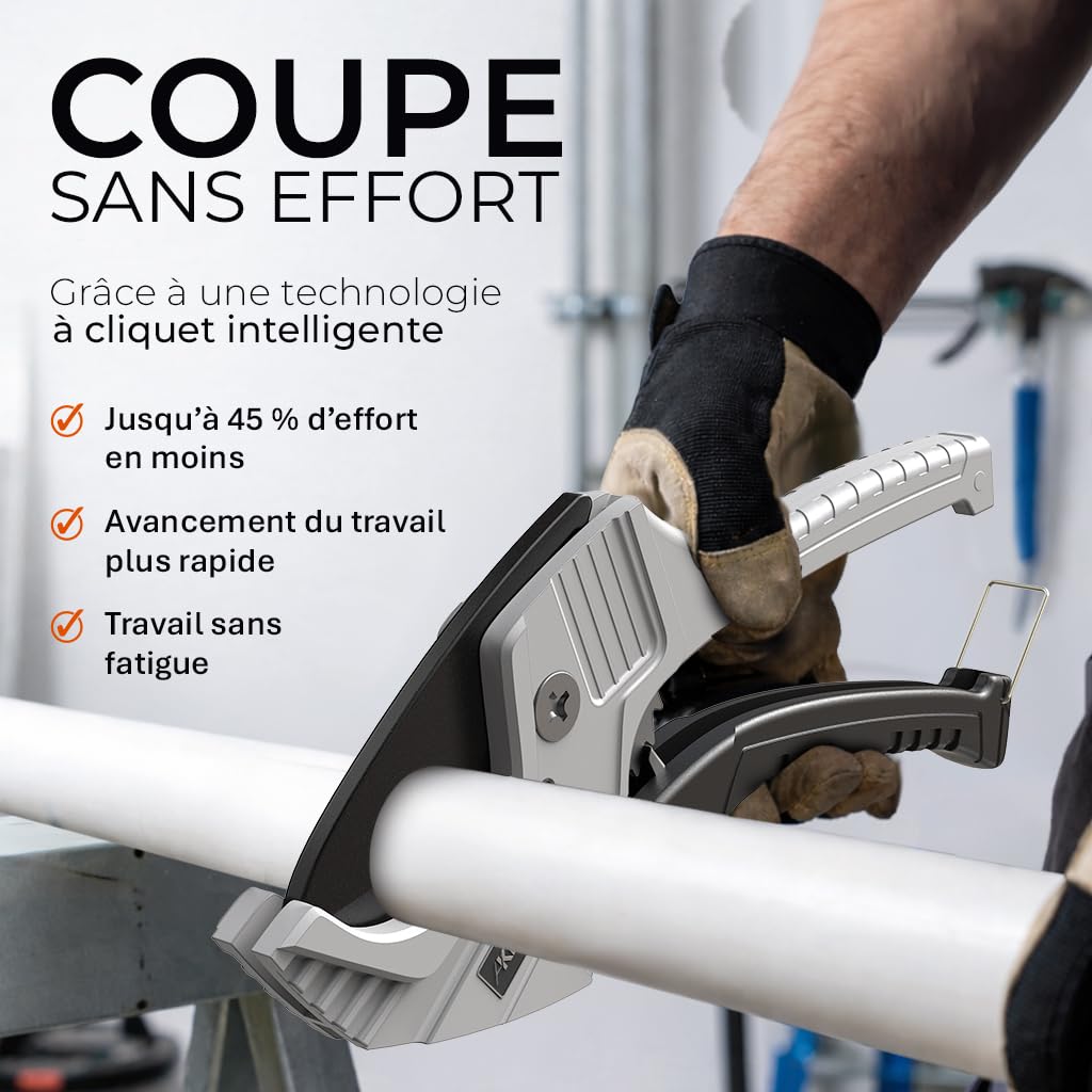 KLRStec Coupe-tubes professionnel en PVC ProSlice 6400 (64 mm / 2-1/2") Coupe-tube Professionnel à Cliquet – Inclut Lame de Rechange et Étui Nylon avec Clip Ceinture