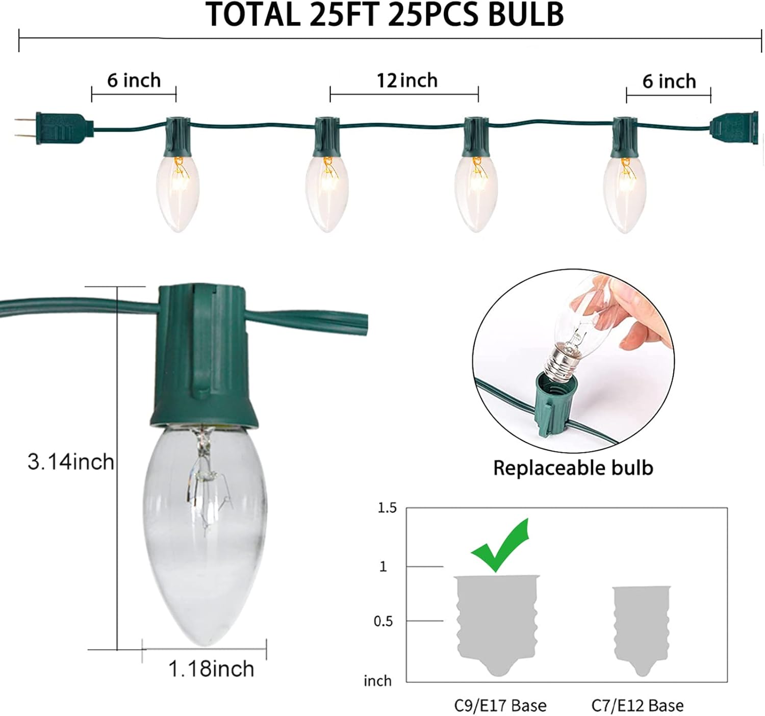 SUNSGNE C9 Clear Christmas Lights 25Ft Outdoor Christmas String Lights with 26 Clear Light Bulbs for Outdoor Patio, Cafe, Party Decor- Green Wire - Image 2