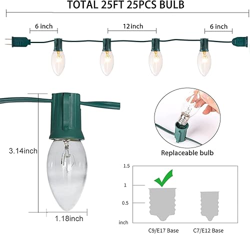Miniatura 2 de C9 - Tira de luces de Navidad transparentes de 25 pies para exteriores con 26 bombillas transparentes, cadena de luces tradicionales colgantes en el