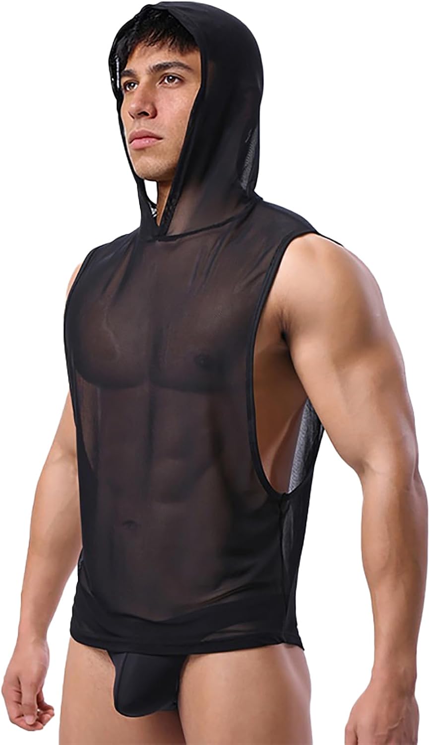 Men Sheer Muscle Top Sleeveless Hoodie Shirt Rave Festival Vest for Carnival Going Out Sports