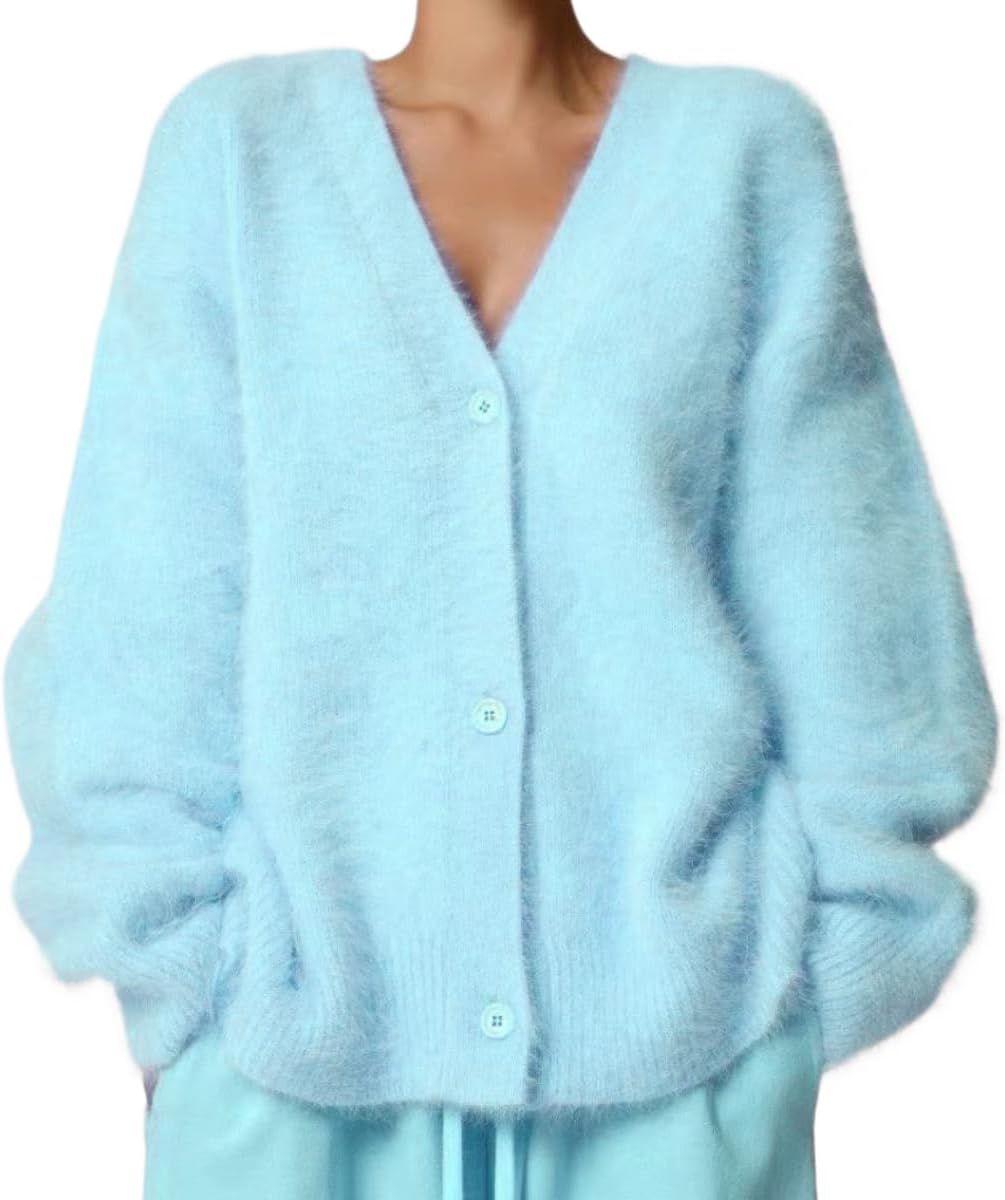 Womens Fuzzy Sweaters Cardigan V-Neck Button Down Oversized Mohair Sweater Casual Y2k 2026 Fall Winter