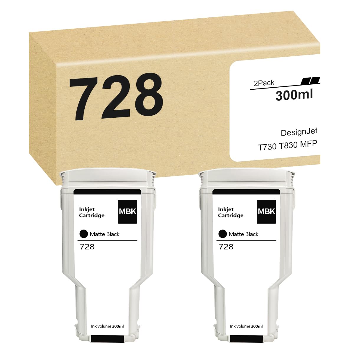 DesignJet 728 Matte Black (2-Pack) Replacement for HP 728 Matte Black 300-ml Ink Cartridge, F9J68A use for DesignJet T830 MFP & T730 Large Format Plotter Printers
