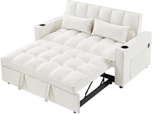FANYE Sofá biplaza extragrande de 64 pulgadas de ancho convertible con portavasos, sofá cama extraíble, puertos de carga USB y bolsillos de