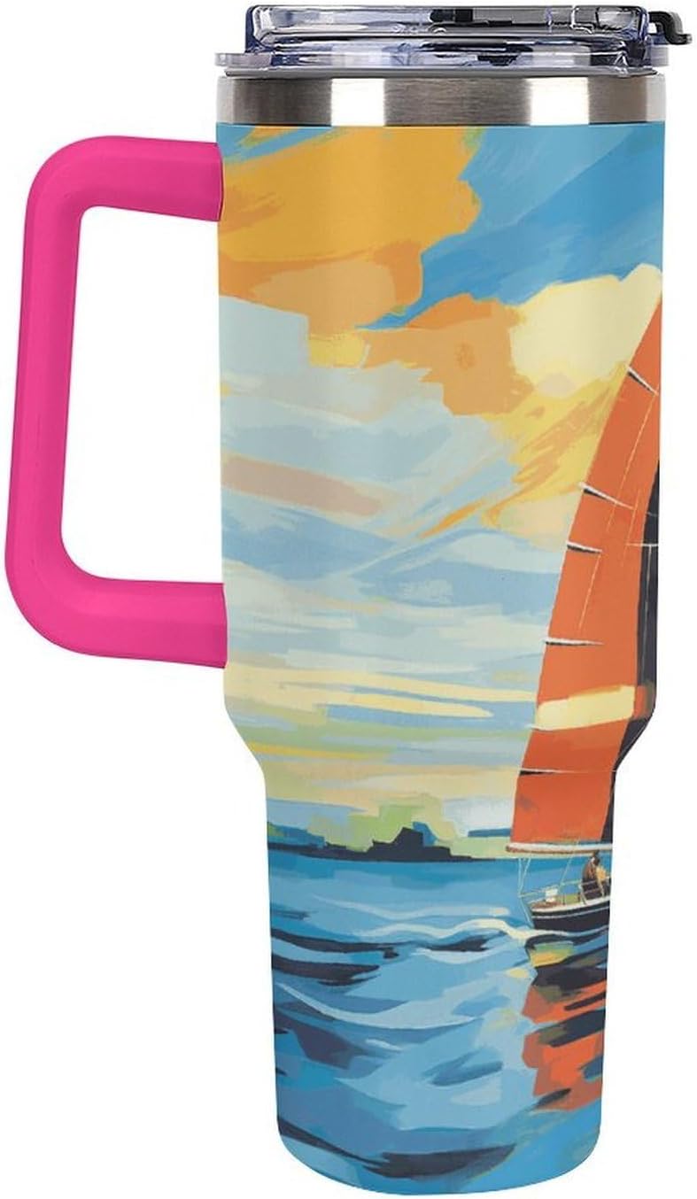 40 Oz Insulated Mug with Handle, Stainless Steel Colorful Sail Boat Printed Travel Mug Portable Leak-proof Large Car Mug for Home, Office Or Car