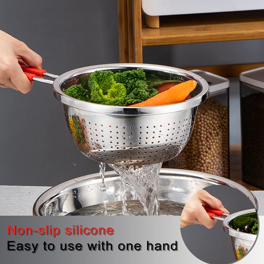 Stainless Steel Perforated Metal Colander Strainer with Long Red Handle Sieve Sifters Use for Kitchen Food Pasta Noodles Spaghetti Vegetables Silver - 10.24 inch (C072-Mer-26)