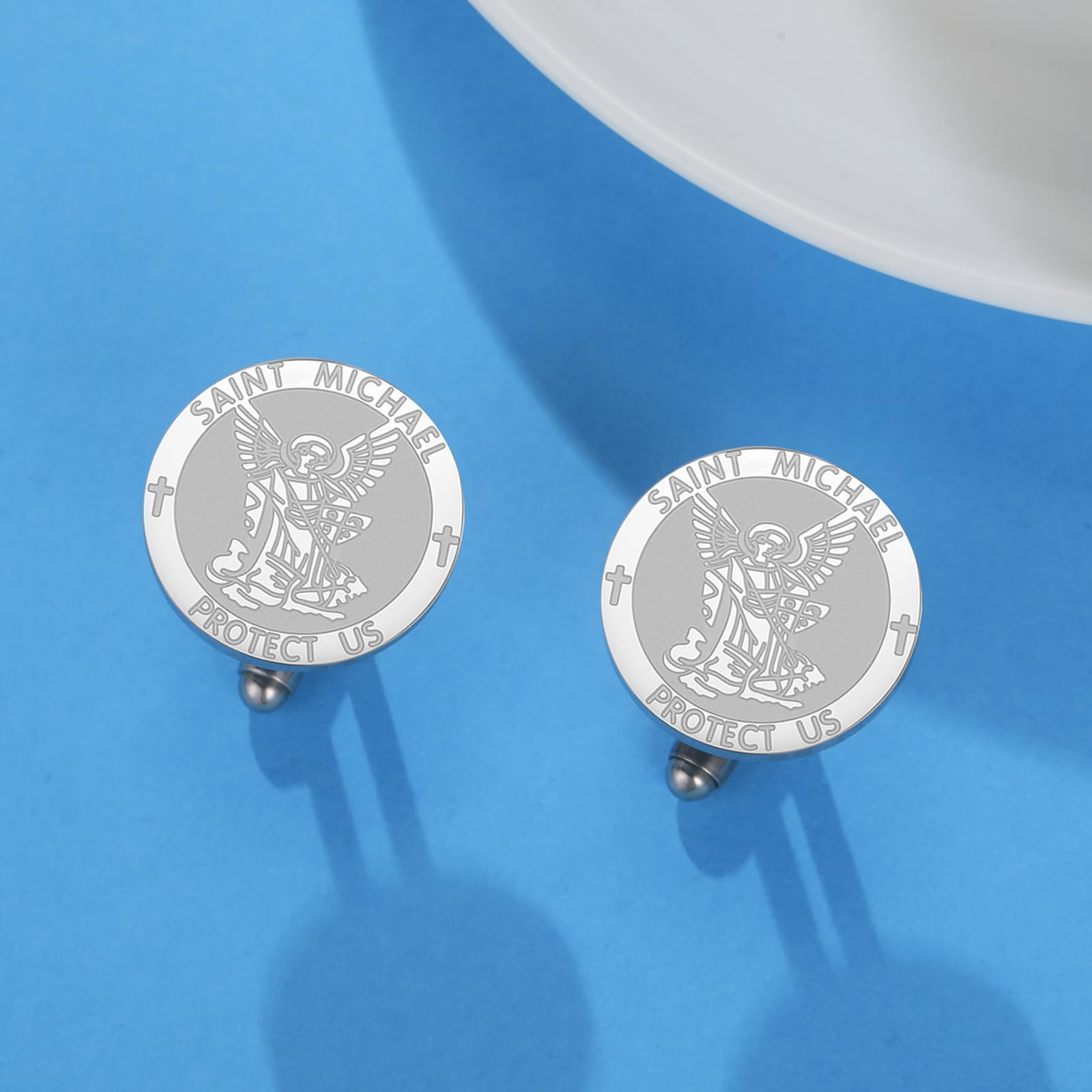Święty Michał spinki do mankietów ze stali nierdzewnej archanioł amulet św. Michał spinki do mankietów ochrona biżuteria dla mężczyzn nadaje się na różne okazje