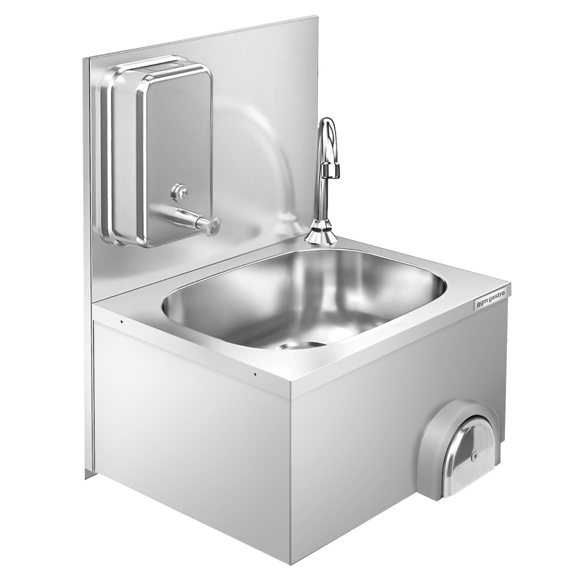 Handwaschbecken - Edelstahl - mit Wasserhahn, Kniebedienung & Seifenspender | Hygienische Kniebedienung, robuster Edelstahl AISI 304, einfache Wandmontage, integrierter Seifenspender, pflegeleicht