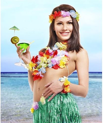 Miniatura 3 de Falda hawaiana de hierba de bailarina hula hawaiana, colorida, tropical, Luau, flor, Leis, diadema, collares, pulseras, suministros para fiestas