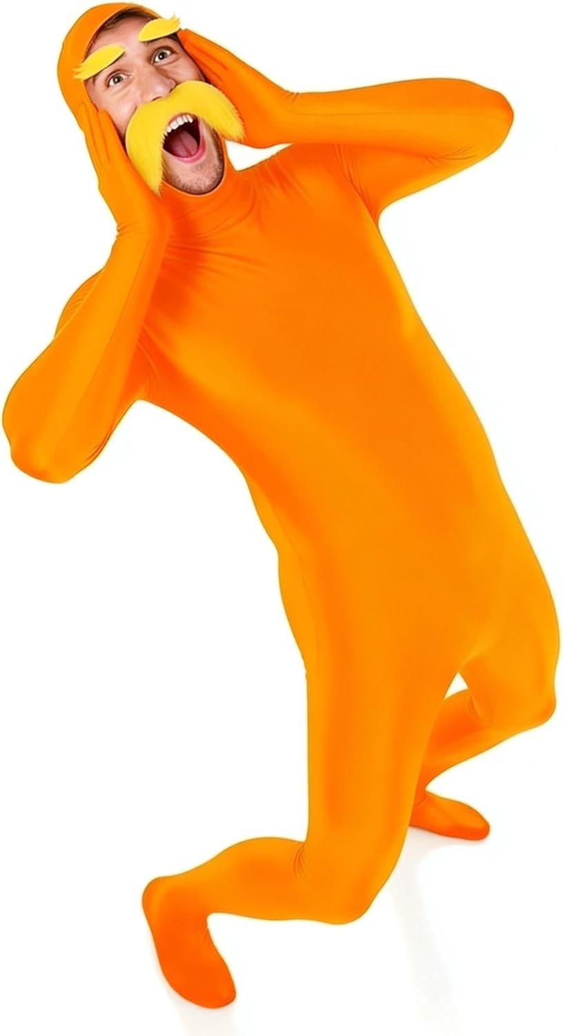 Halloween Orange Full Body Zentai Costume with Yellow Mustache and Eyebrows, Spandex Bodysuit with Back Zipper