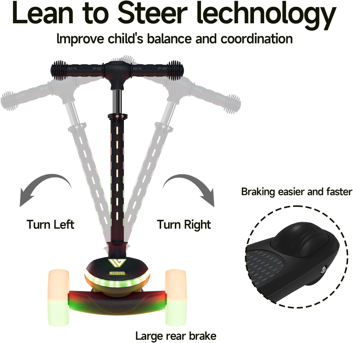 Winhope Kids Scooter, 3 Wheel Scooter for Kids Ages 2-8 with LED Light-Up Wheels, Adjustable Handlebar & Wide Anti-Slip Deck, Toddler Scooters with Rear Brake for Boys Girls up to 100 Lbs