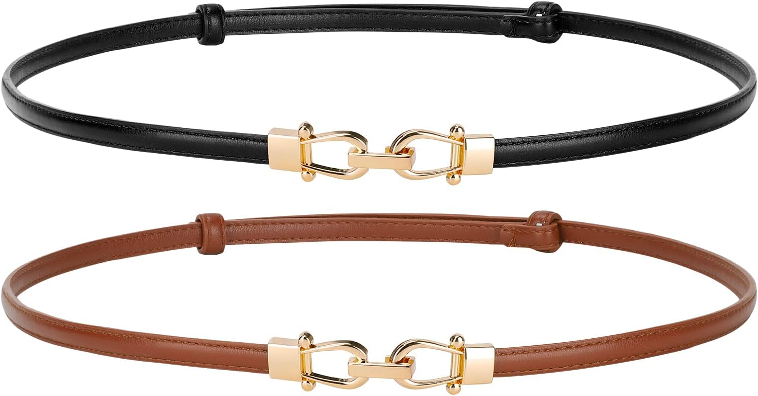 Leather Skinny Belts for Women Plus Size Ladies Thin Waist Belts Adjustable for Jeans Pants Dresses with Gold Buckle