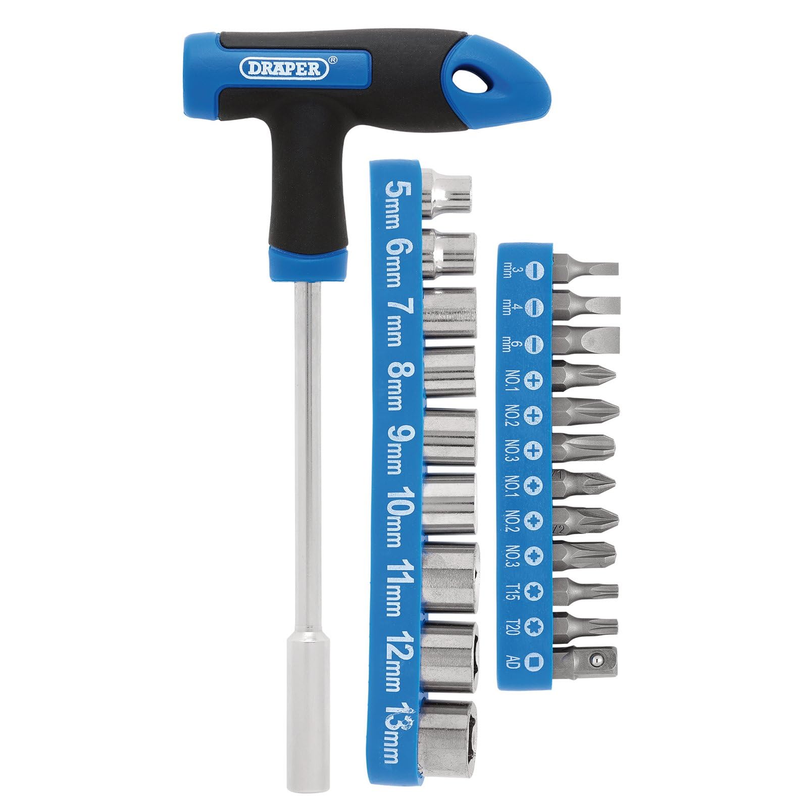 Draper 21011 T-Handle Screwdriver, Socket and Bit Set, 1/4" Sq. Dr. (22 Piece), Blue and Black - Image 2
