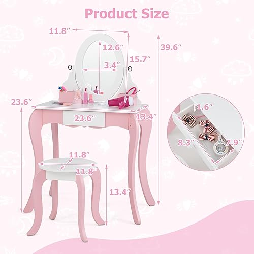 Miniatura 9 de INFANS Tocador para niños con espejo giratorio de 360° y tablero de dibujo, tocador de maquillaje de princesa 2 en 1 y taburete con accesorios,