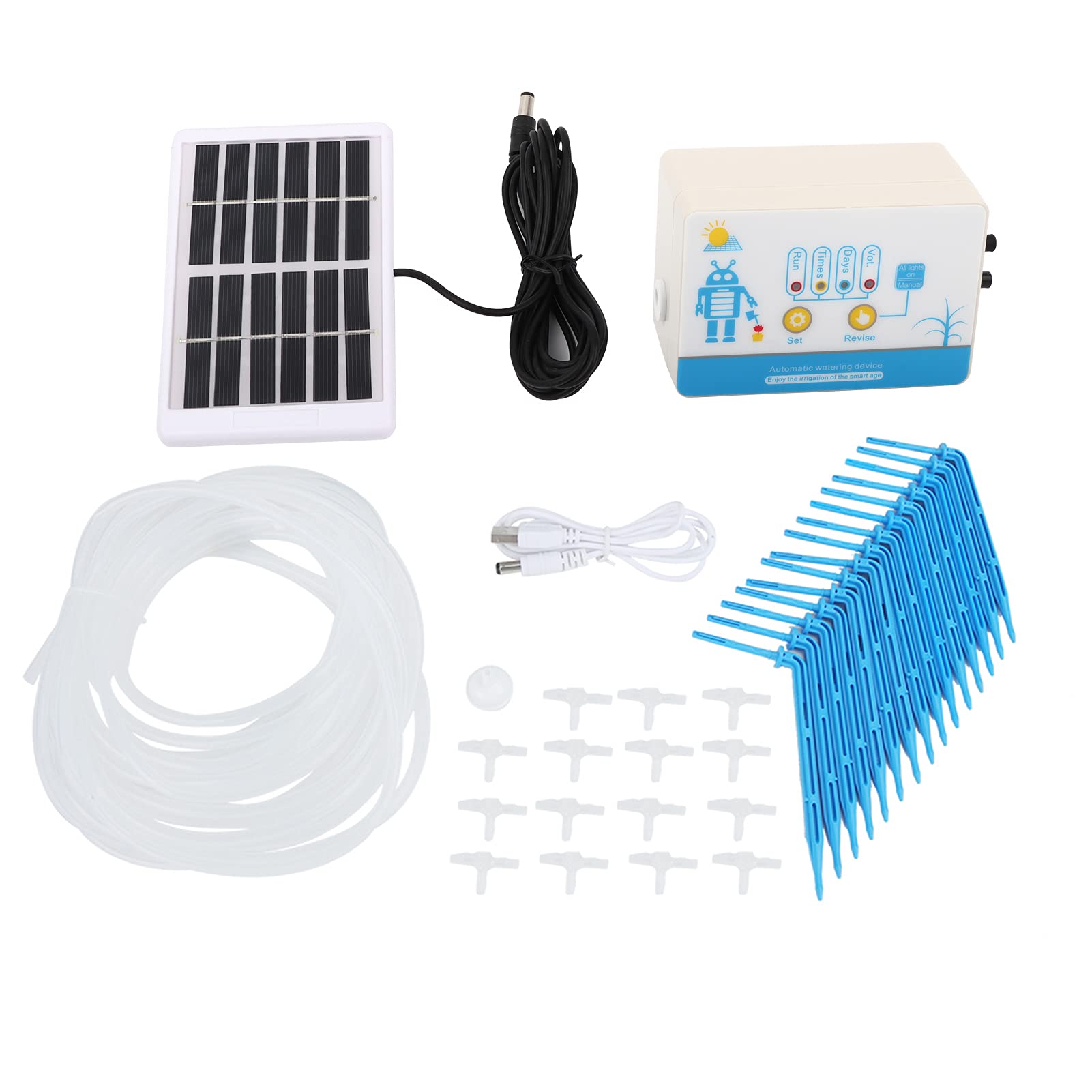 Solar Intelligentes automatisches Tropfbewässerungs-Controller-Set, Gartenwasser-Timer, Bewässerungsset, ABS-Silikon, 14 x 13 cm, Solarpanel, 10 m Rohr für Gewächshaus, Hinterhof,