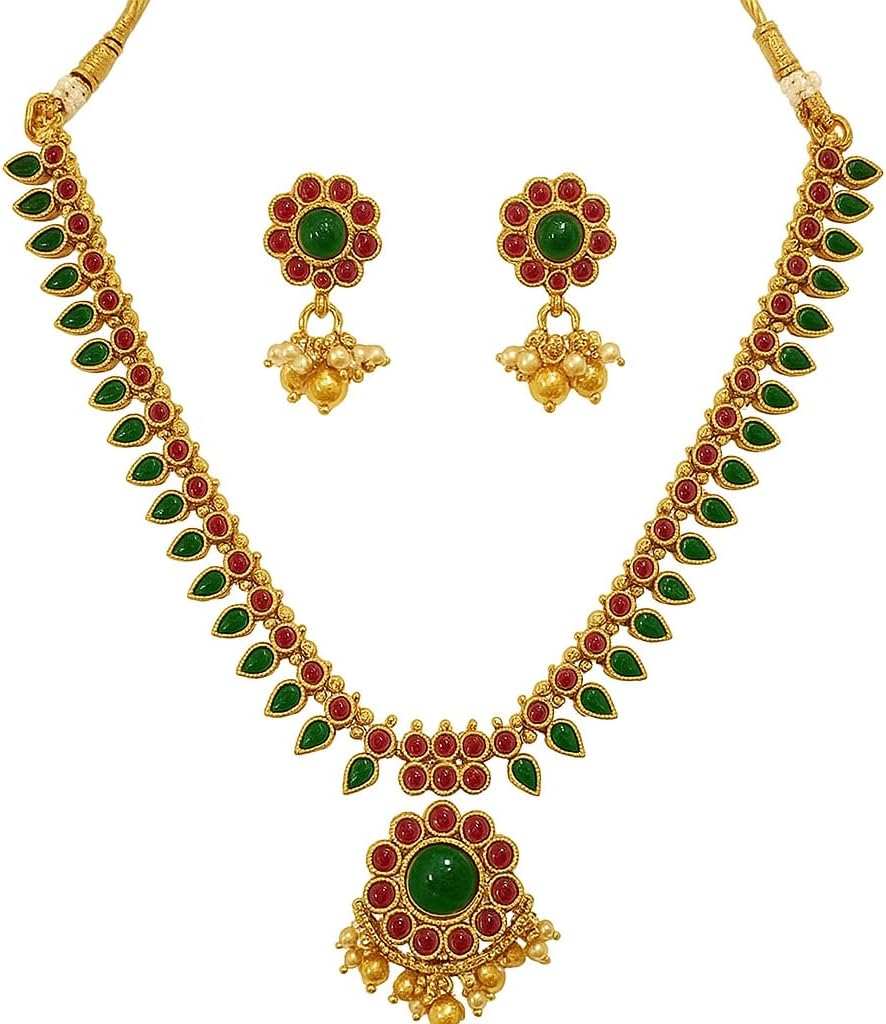 Lakshmi Kasu mala Gold Plated Latest Fashion Necklace Set Maharani Haar with Red, Green colour beads and Earrings. Latest Bridal Jewellery Necklace set Jewellery Set for Women