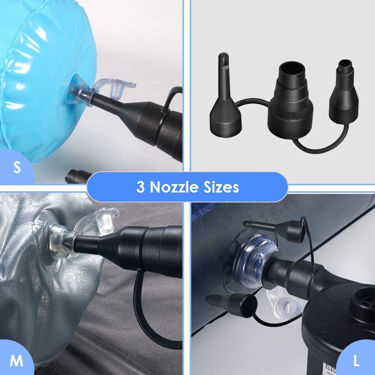 BalleBEeautiful Electric Air Pump, 2022 Upgrade High Power Quick-Fill Mattress Inflator Deflator Pump with 3 Nozzles for Inflatable Cushions, Beds, Pool Float, Swimming Ring, Pump-Black : Home & Kitchen