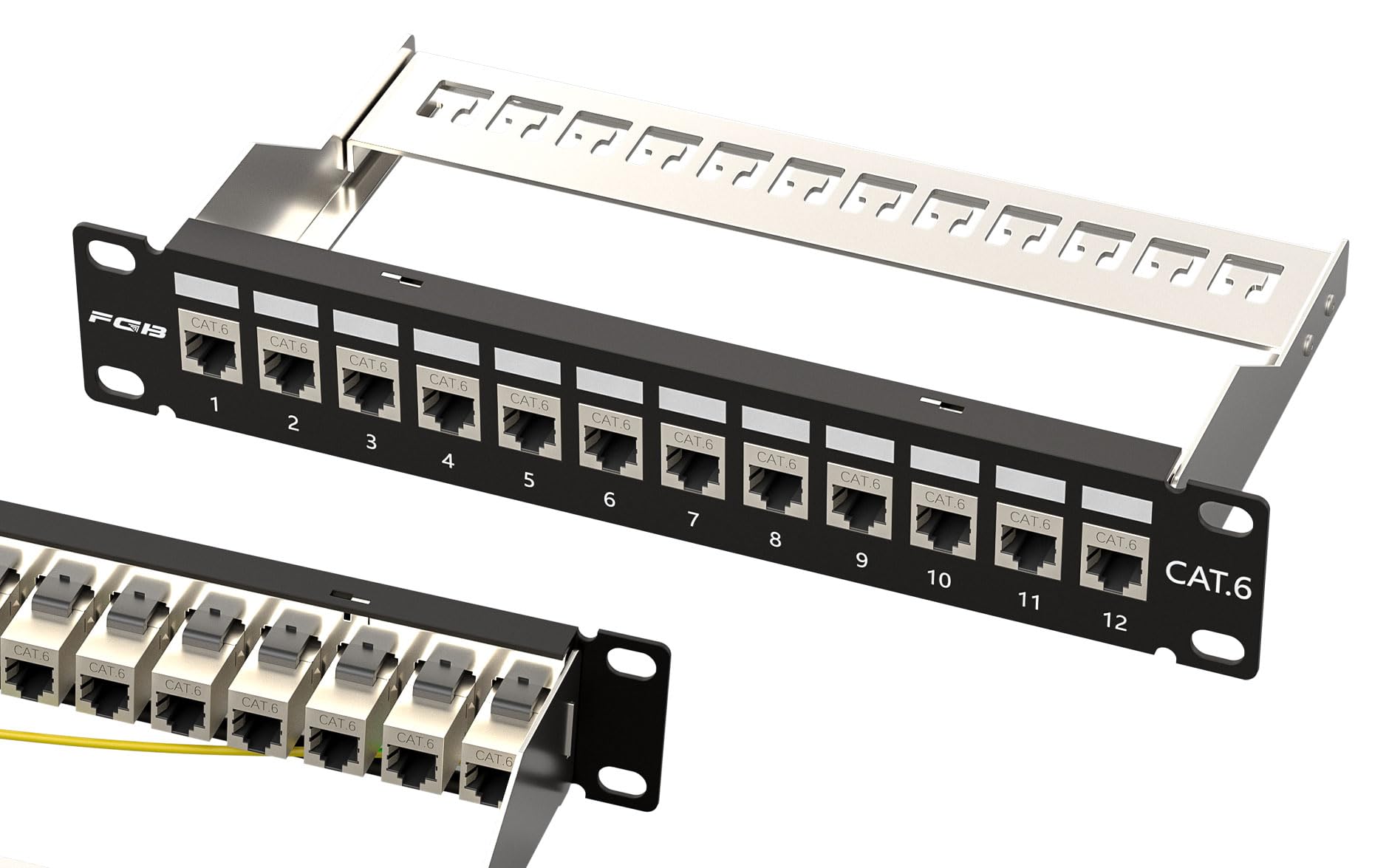 FGB Patchpanel mit 12 Port und Cat6 Rack Mountable Network Patch Panel Rj45 Shielded Keystone Coupler with Backplane 1U nline Kevstone, Netzwerk-Patchpanel für Gigabit-Netzwerk-Switch