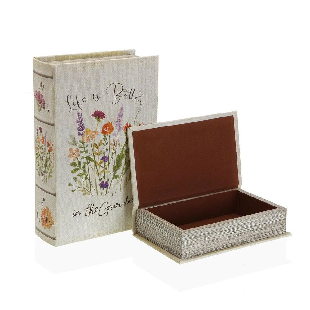 Versa Scatola Decorativa A Forma Di Libro Con Fiori In Tela E Legno MDF – 7x27x18 Cm, 2 Pezzi, Multicolore