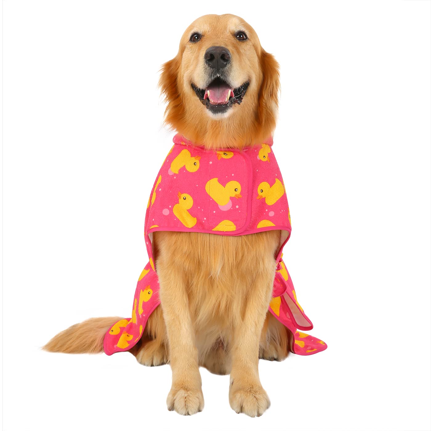 HDE Peignoir de Bain pour Chien Super Absorbant avec Capuche pour Grands Chiens, Canards en Caoutchouc Rose, Taille XL