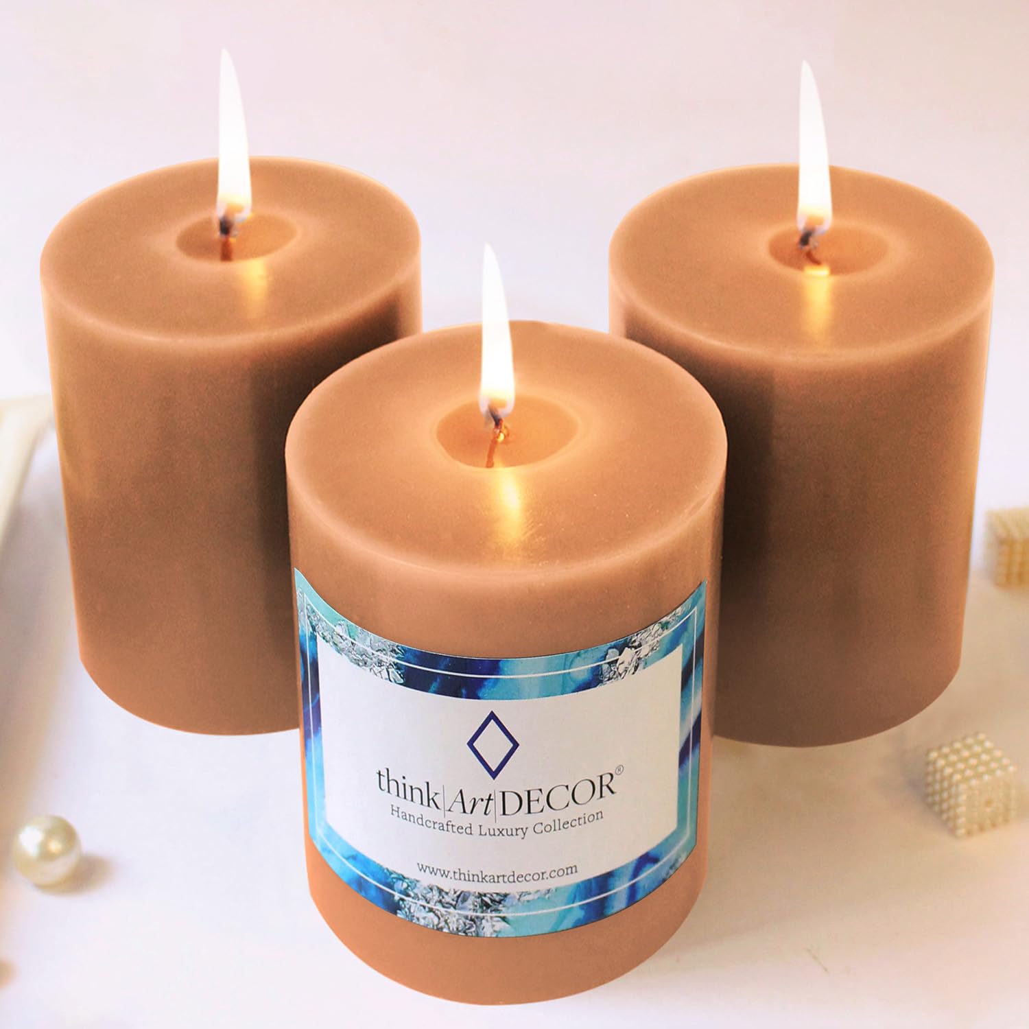 ThinkArtDecor Unscented Pillar Candles Set of 3 | 70 Hrs Each | 3X4 inch Smokeless & Dripless Wax Candles for Home Decor | Caramel Brown