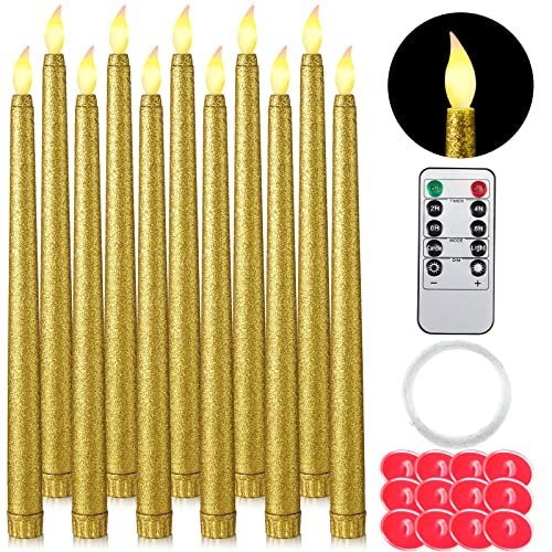 12 Pcs Wedding Flameless Led Taper Candles Bulk Flameless Taper Candles With Remote Control Battery Operated Glitter Floating Led Candles For Wedding Christmas Halloween Birthday Decor (Gold) #TOP22