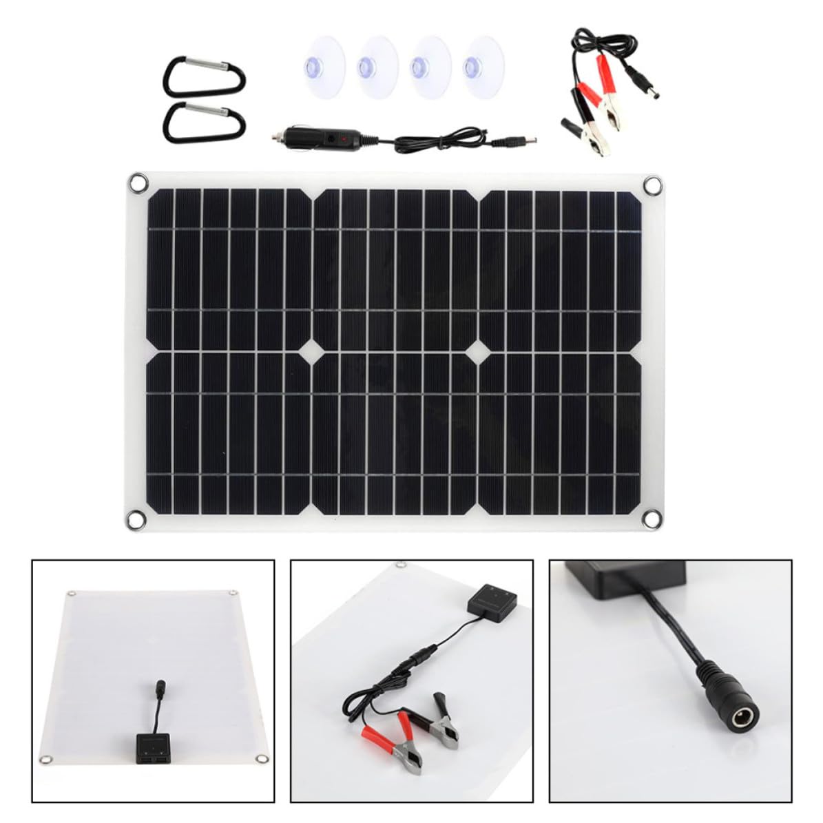 Pannello Solare Portatile 20w 18v 20v con Doppia Usb, Set Nero | Monocristallino, Accessori con Clip Batteria, Uso Esterno per Auto e Barche, Protezione Ingresso Sovracorrente