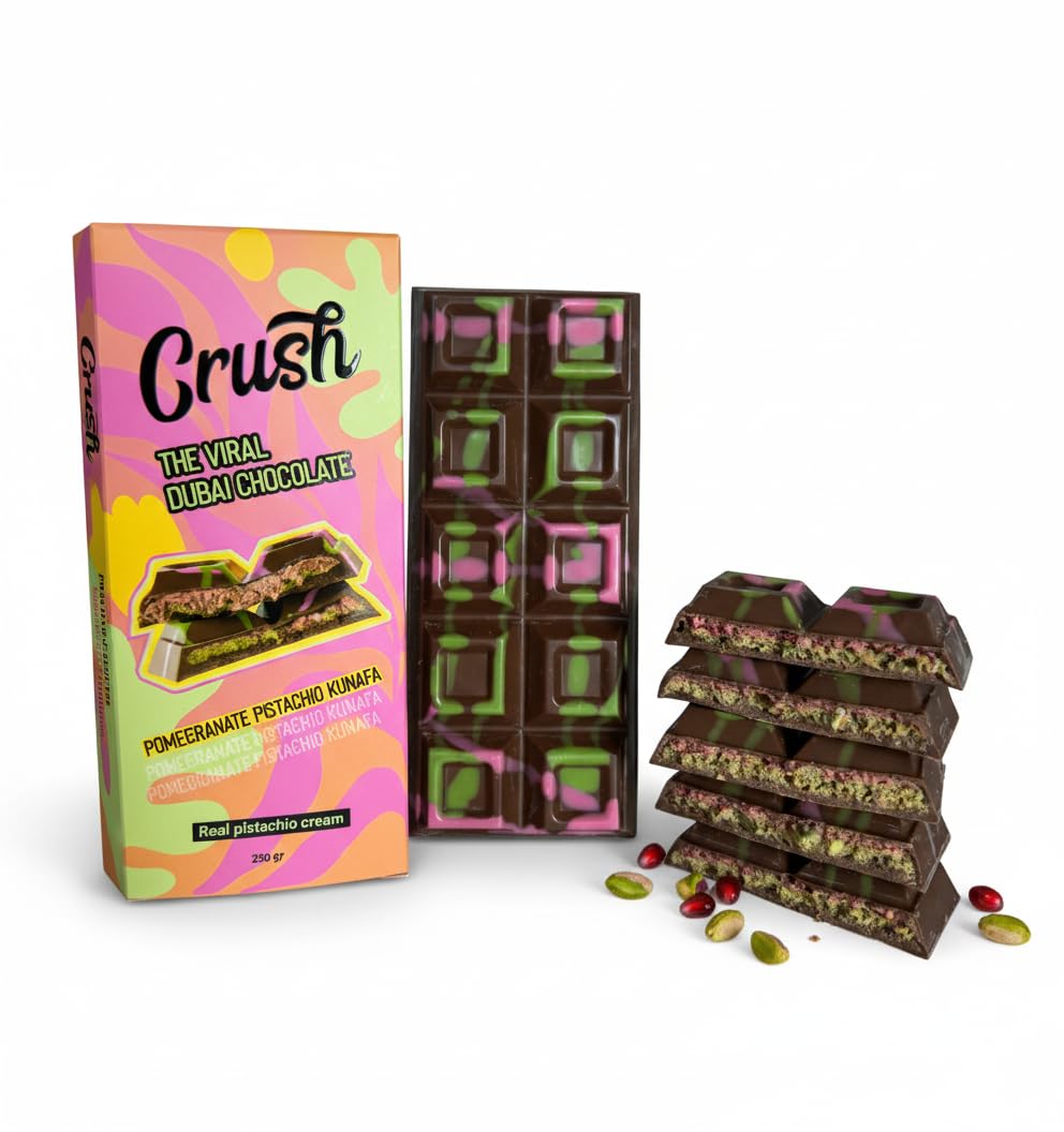 Crush Dubai Pistachio Pomegranate Chocolate Bar – 7 oz Luxury Gift, Filled with Toasted Katafi, Pomegranate Cream & Tahini, Inspired by the Classic Knafeh Dessert