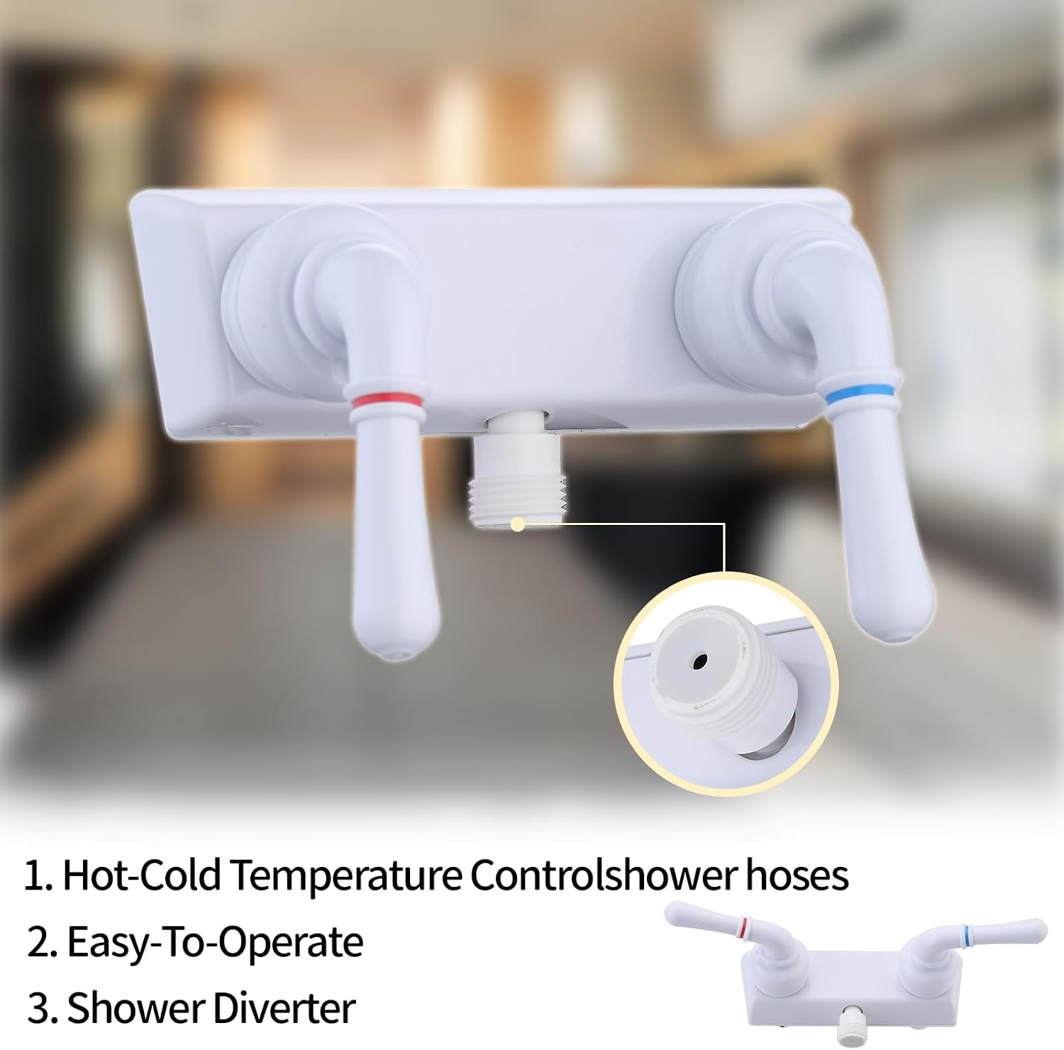 Camper Shower Dual Faucet, RV Shower Faucet Replacement,RV Shower Faucet Valve Diverter with Winged Levers,Camper Bathroom Faucet Valve Diverter with Classical Handles (White) image 3