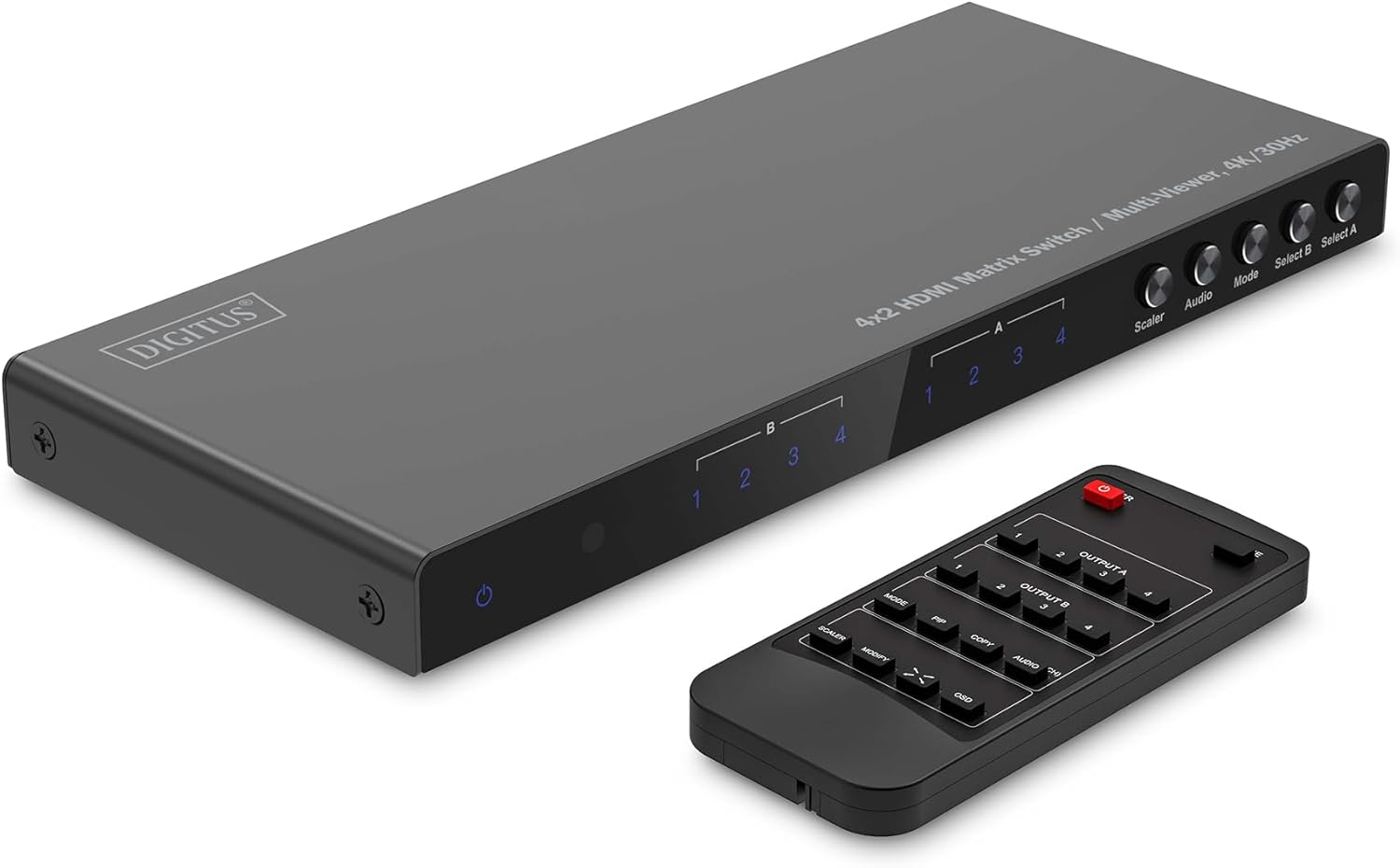 DIGITUS DS-55345 HDMI Matrix Switch 4x2-4 inputs 2 outputs - UHD 4K/30 Hz HDTV: 3840 x 2160p - HDCP 1.4 and HDMI 1.4b - Multivisor, Split Screen - RS232, Audio (Toslink, 3.5mm stereo)