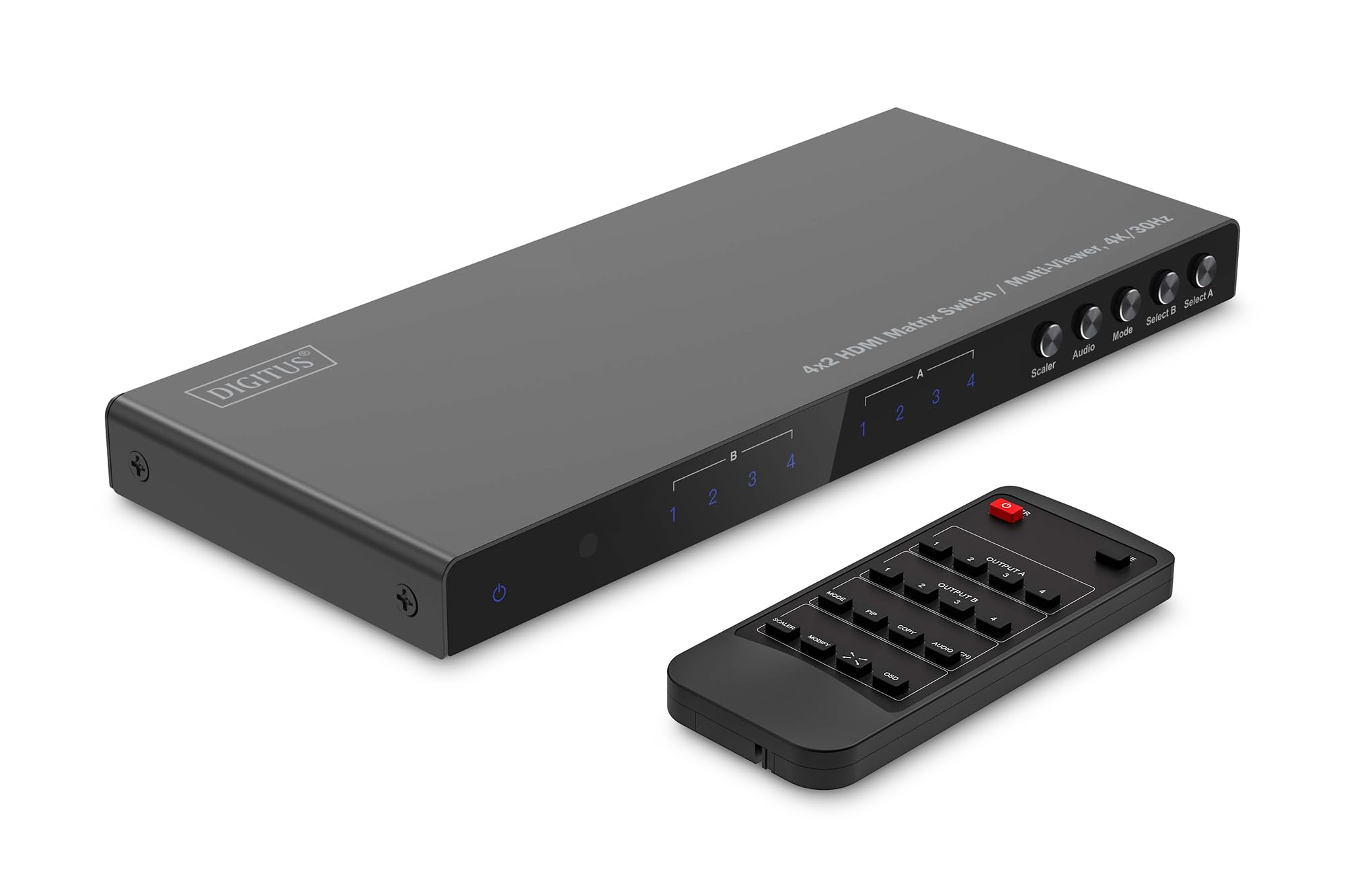 DIGITUS DS-55345 Switch a matrice HDMI 4x2-4 ingressi 2 uscite - UHD 4K/30 Hz HDTV: 3840 x 2160p - HDCP 1.4 e HDMI 1.4b - Multi-Viewer, Split-Screen, PIP - RS232, Audio (Toslink, Stereo 3,5mm)