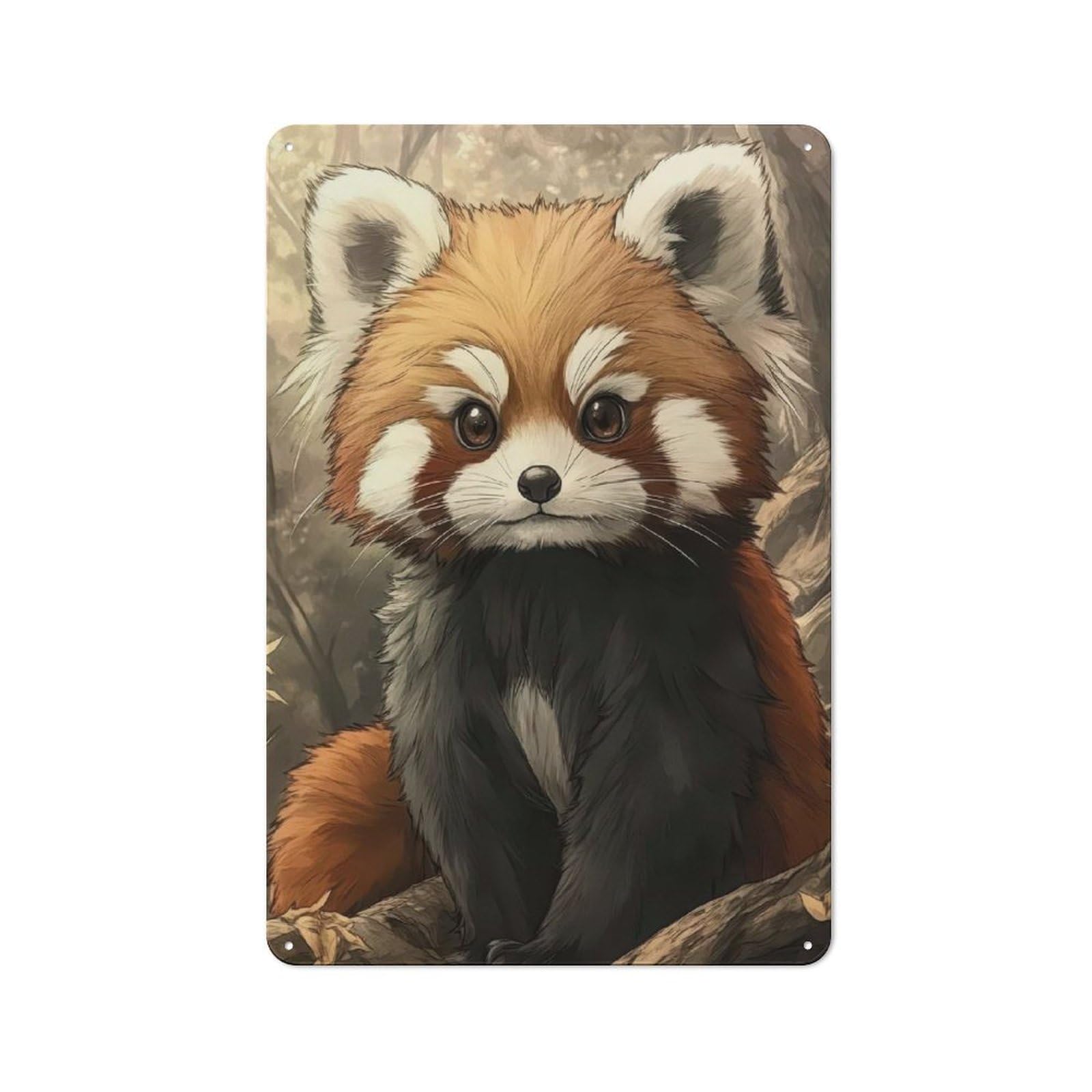 Junmoney Cute Red Panda Illustration Rustic Metal Plaque 30X20cm For Studio Or Craft Room, Suited To Craft Room Decorators