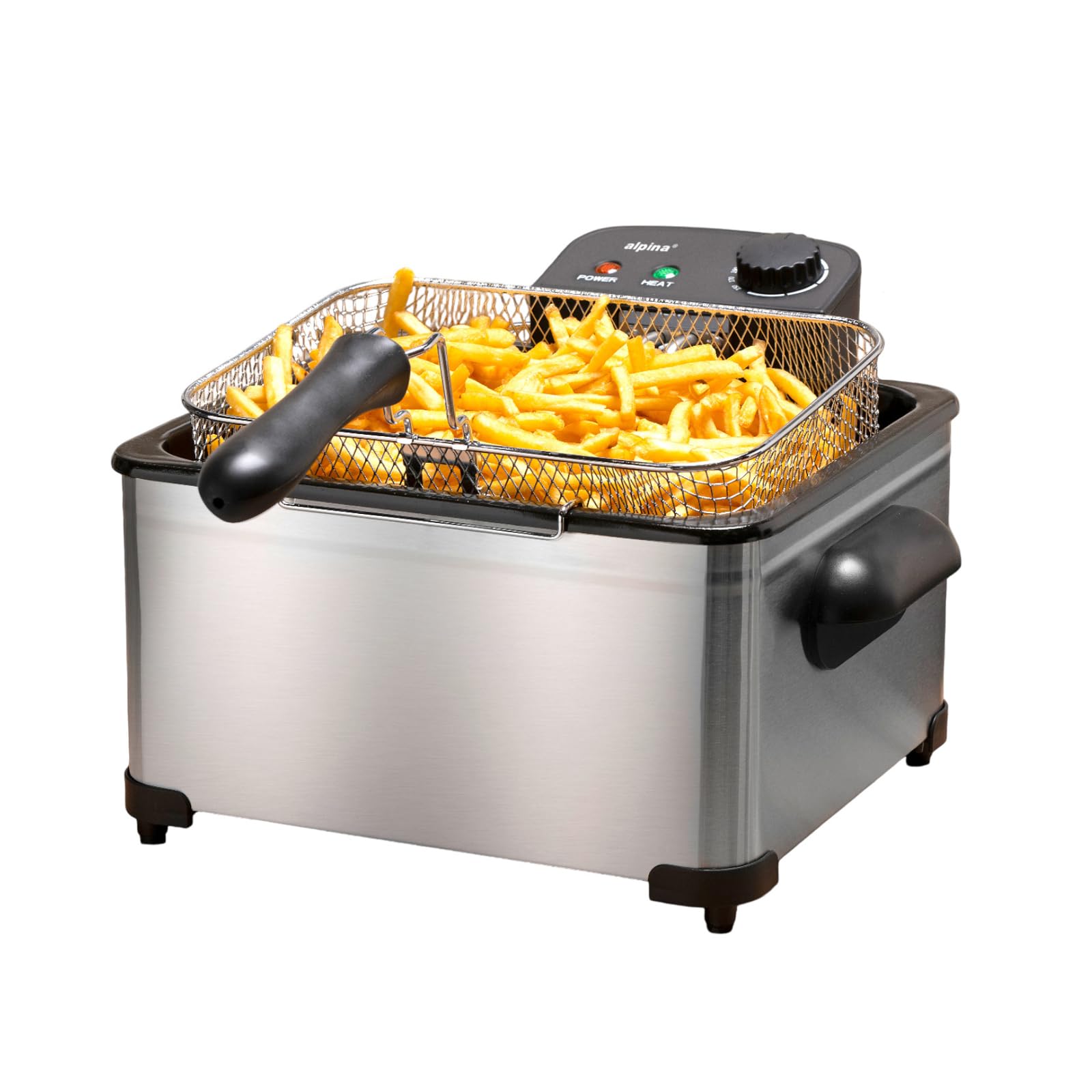 alpina Freidora 5 litros - Freidora con grasa - Freidora aceite 200W - Dos cestas de freír - Temperatura ajustable - para 4 a 6 personas - 275 x 215 x 305 mm - Metal - Negro/Plata
