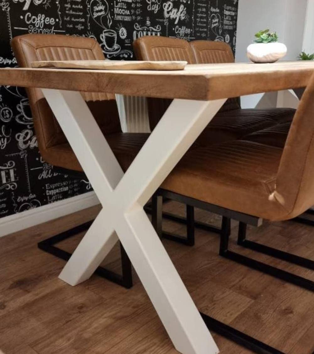 Home Heavenly® - Mesa Comedor Industrial Darek 140 cm. Tabla Madera Maciza Roble Nordish. Patas metálicas Blancas Forma 'X'.