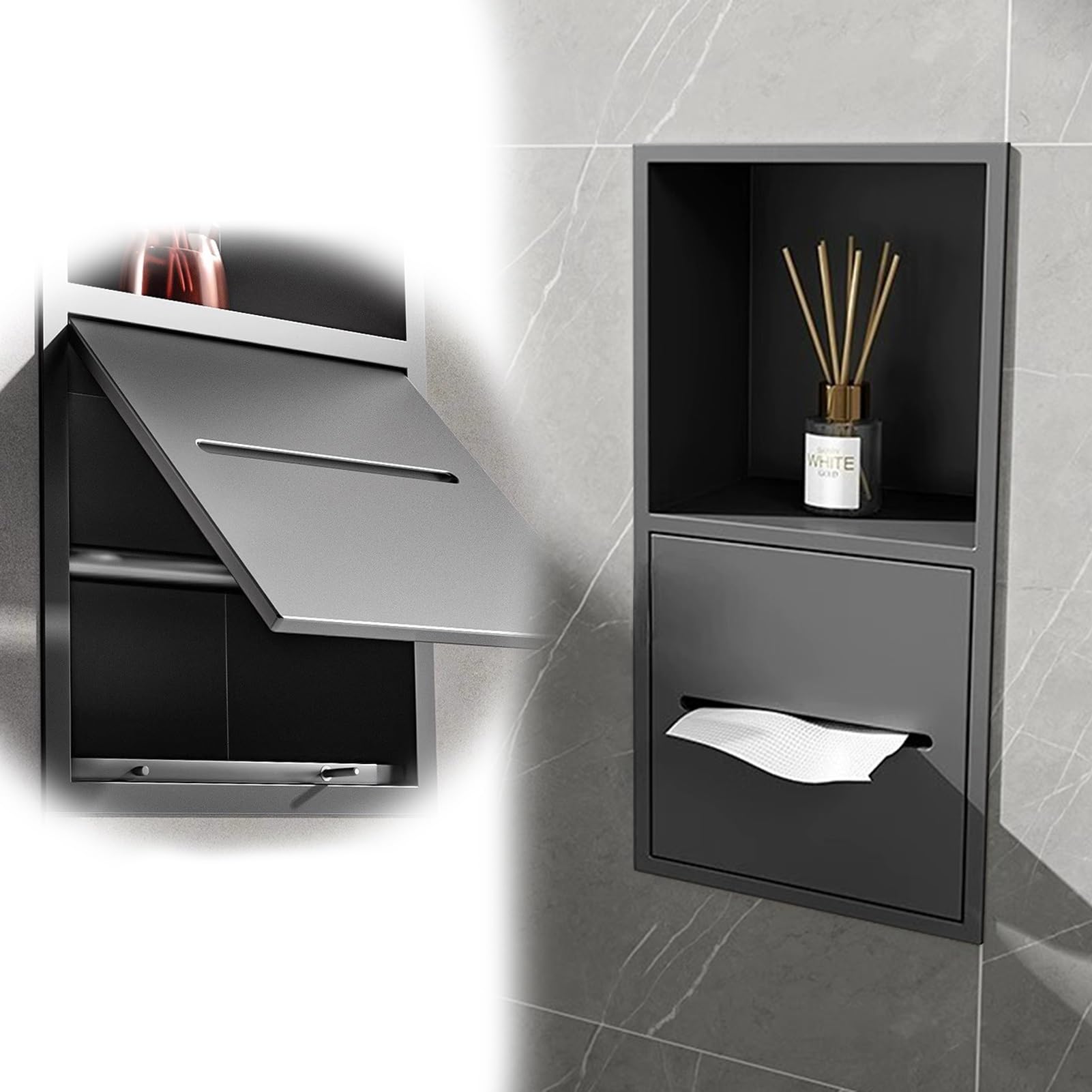 Vibeo Portarrollos Empotrable Portarrollos de Papel Higiénico Empotrado con Estante, Mueble de Baño de Nicho de Acero Inoxidable, Organizador de Papel Higiénico de Pared(Gray)