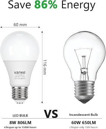 Vanke E27 Dimmable Bulb, 8W(60W Equivalent), Warm White 2700K, Pack of 3 [Energy Class F]