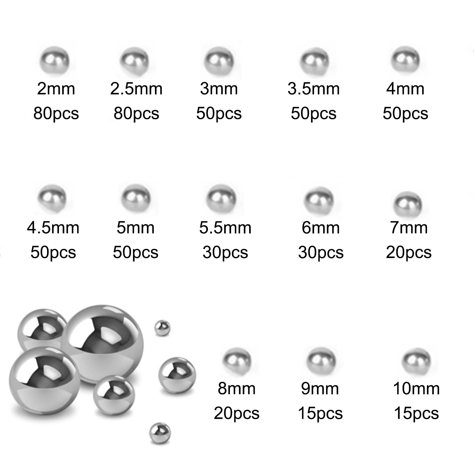 Cuscinetti a Sfera in Acciaio, 540 Pezzi Sfere Acciaio Cuscinetto Bici 2-10 mm, Sfere di Precisione per Cuscinetti in Acciaio Inox, Cromato Cuscinetto a Sfere Assortimento Kit per Biciclette